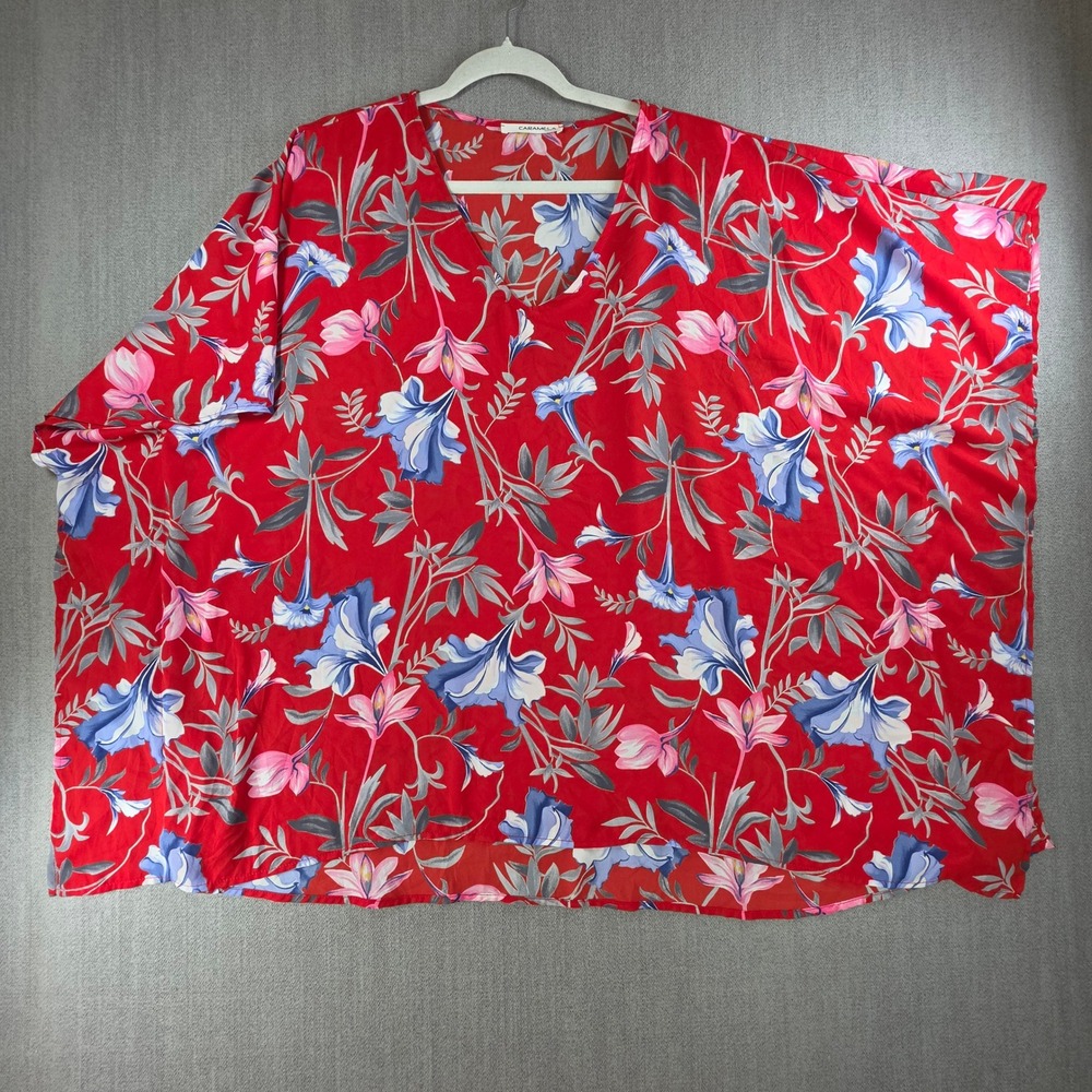 Caramela Kaftan Top Women XL Red Floral V-Neck Oversized Breezy Blouse USA Made